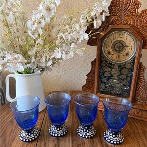 Polish Pottery Blue Handblown Goblets with Patterned Base